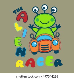Green alien racer driving an orange car with typo. Vector artwork design for children.