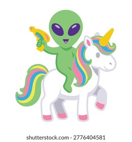A green alien rides a white unicorn with a rainbow mane and tail, holding a toy gun. Whimsical scene with a playful mood, perfect for fantasy or humor concepts.