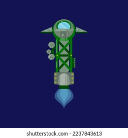 Green alien rocket ship cartoon illustration. UFO spaceship, spacecraft, futuristic rocket isolated on blue background. Space, galaxy concept