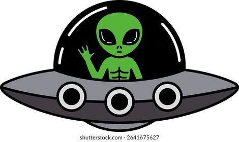 A green alien is sitting inside a spaceship