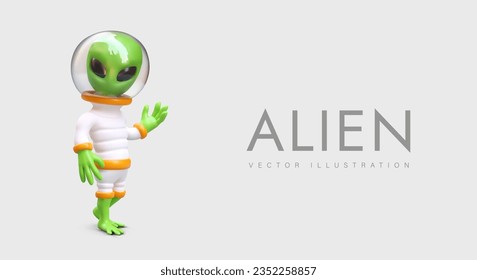 Green alien in space suit with transparent helmet. Realistic humanoid greeting gesture. Extraterrestrial civilization. Color character in cartoon style. Banner layout