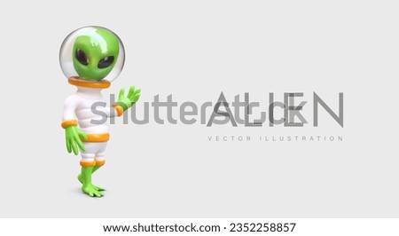 Green alien in space suit with transparent helmet. Realistic humanoid greeting gesture. Extraterrestrial civilization. Color character in cartoon style. Banner layout