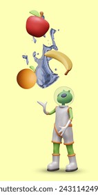 Green alien in spacesuit throws fruit up. Realistic water splashes, apple, banana, orange