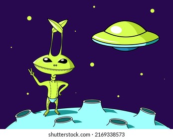 Green alien stands on the surface of the moon, against the background of a flying spaceship. Flying saucer in space.	