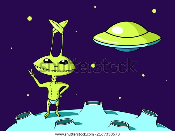 Green alien\
stands on the surface of the moon, against the background of a\
flying spaceship. Flying saucer in\
space.	