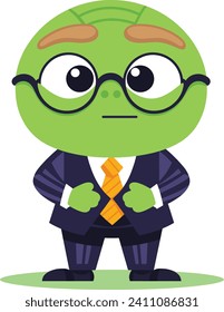 Green alien in a suit with glasses looking serious. Professional extraterrestrial businessman. Office space and leadership vector illustration.