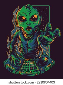 green alien vector artwork illustration playing dj
