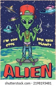 Green alien vintage flyer colorful benevolent monster from space with UFO smokes cigarette and greets earthlings vector illustration