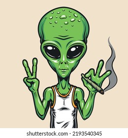 Green alien vintage label colorful with cannabis cigarette posing in humane T-shirt smoking crack astronomical guest from universe vector illustration