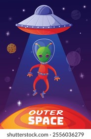 Green alien wearing spacesuit being abducted by ufo with tractor beam, hovering over a planet in outer space, surrounded by stars and other planets