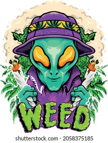 Green Alien Weed Ilustration Cartoon