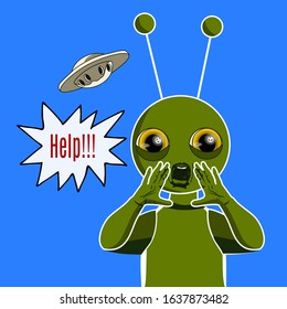 A green alien yells help, putting his hand to his mouth, vector illustration in comic style