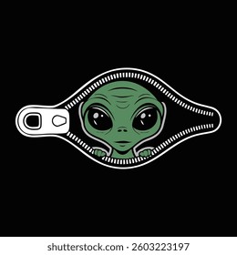 green alien in zipper isolated in black background