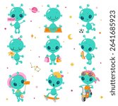 Green aliens characters. Cute alien doing selfie, riding skateboard and moto, play football and meditate. Funny children mascots, nowaday vector clipart