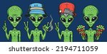 Green aliens colorful labels vintage set of Martians with big eyes trendy humanoids in sci-fi style vector illustration