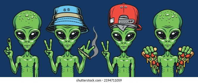 Green aliens colorful labels vintage set of Martians with big eyes trendy humanoids in sci-fi style vector illustration