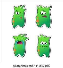 Green aliens. Funny cartoon characters with emotions. Sad, crying, angry, teased. A set of monsters stickers. Extraraterrestrial Talisman for print, clothing, cards, books. Logo design, emblems.
