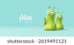 Green aliens greeting, 3D. Friendly monster character. Extraterrestrial life, fantasy, toy. Vector illustration.