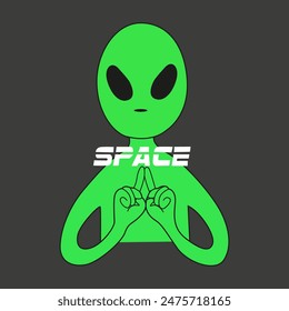 Green aliens illustration with inscriptions. Vector flat humanoid. Creature of the open space. Alien with a cat in his hands. Alien shows the peace sign