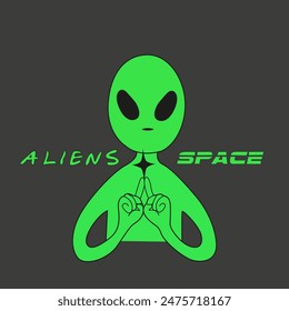 Green aliens illustration with inscriptions. Vector flat humanoid. Creature of the open space. Alien with a cat in his hands. Alien shows the peace sign