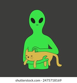 Green aliens illustration with inscriptions. Vector flat humanoid. Creature of the open space. Alien with a cat in his hands. Alien shows the peace sign