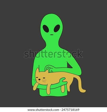 Green aliens illustration with inscriptions. Vector flat humanoid. Creature of the open space. Alien with a cat in his hands. Alien shows the peace sign