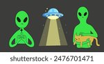 Green aliens illustration. Vector flat aliens and UFO. Creature of the open space. Alien with a cat in his hands. Alien shows the peace sign, flying saucer that glows. Scientific illustration