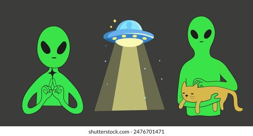 Green aliens illustration. Vector flat aliens and UFO. Creature of the open space. Alien with a cat in his hands. Alien shows the peace sign, flying saucer that glows. Scientific illustration