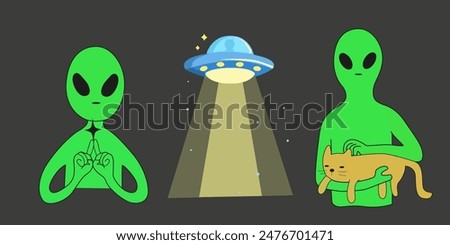 Green aliens illustration. Vector flat aliens and UFO. Creature of the open space. Alien with a cat in his hands. Alien shows the peace sign, flying saucer that glows. Scientific illustration