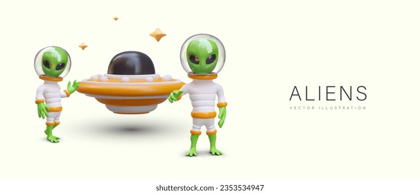 Green aliens near flying saucer. Humanoids in different poses. Contact with extraterrestrial civilization. Vector concept with 3D illustration, place for text