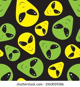 Green aliens on black background seamless pattern for wrapping, wallpaper, textile, paper, fashion and more. Vector illustration.