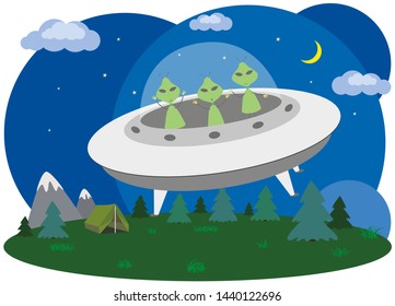 Green aliens on a spaceship. Strangers fly on a flying saucer in the night sky. World UFO Day.
