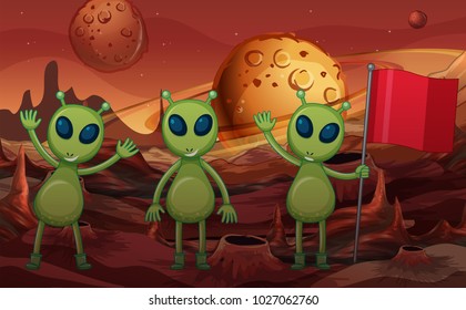 Green aliens and red flag on planet illustration