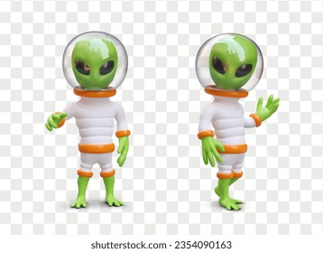 Green aliens in space suits. Vector 3D humanoids. Characters in different poses. Set of isolated illustrations. Detailed image with shadows for web design