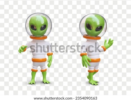 Green aliens in space suits. Vector 3D humanoids. Characters in different poses. Set of isolated illustrations. Detailed image with shadows for web design