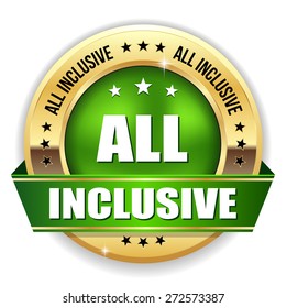 Green all inclusive badge with gold border on white background