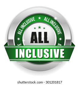 Green all inclusive badge with silver border on white background
