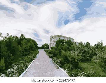 Green alley of deciduous and coniferous trees health resort. Sanatorium in the background.