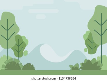 Green alley. Spring forest. Mountains, trees, all painted in a minimalist style. Summer day, spring day.