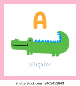 Green alligator. Letter A. English alphabet for children. Educational flat vector illustration.