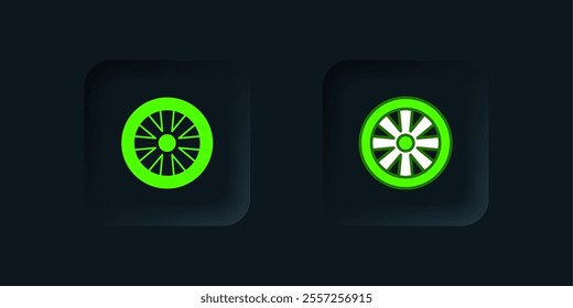 Green Alloy wheel for car icon isolated on black background. Black square button. Vector