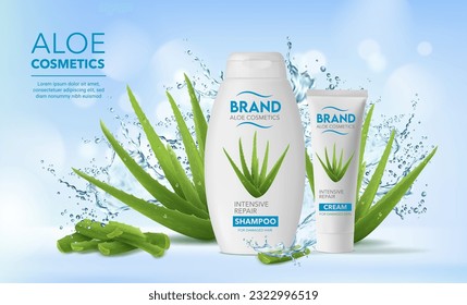 Cosméticos de humedad de plantas de aloe verde, crema, champú y salpicaduras de agua. Afiche de anuncios de vectores con productos naturales que se burlan proporcionan hidratación y rejuvenecimiento, ofrecen beneficios nutritivos para la piel y el pelo