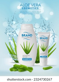 Planta de aloe verde, salpicaduras de agua y cosméticos de humedad. Cartel de anuncios de vectores con productos naturales crema y maquillaje de champú proveen hidratación y rejuvenecimiento, ofrecen beneficios nutritivos para la piel y el pelo