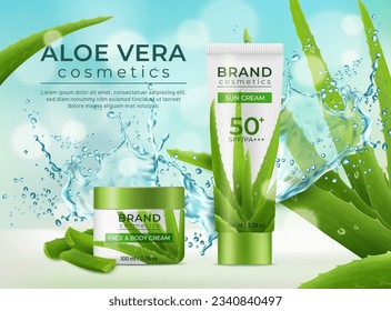 Cosméticos de aloe vera verde con salpicadura de agua, botella de planta y crema. Productos de cuidado de la piel, belleza y medicinas a base de hierbas. Bandera vectorial con tubo de protección solar 3d realista y frasco para cuidado de la cara y la piel corporal