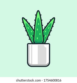 Green Aloe vera plant with leaves in the pot. Vector Illustration.