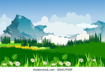 Green alpen valley field, vector nature landscape