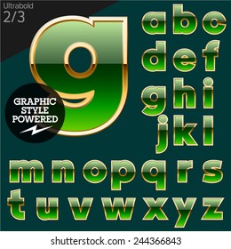 Green Alphabet With Golden Border. Bold. File Contains Graphic Styles Available In Illustrator. Set 2