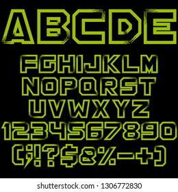 Green alphabet, numbers and signs. Isolated vector objects on black background.