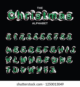 Green alphabet vector  set  isolated on black background. Merry Christmas and Happy New Year figures cover by snow
