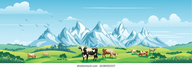 Green alpine meadows and hills against a backdrop of mountain peaks, cows grazing in a green meadow, farmland, panoramic view, vector illustration